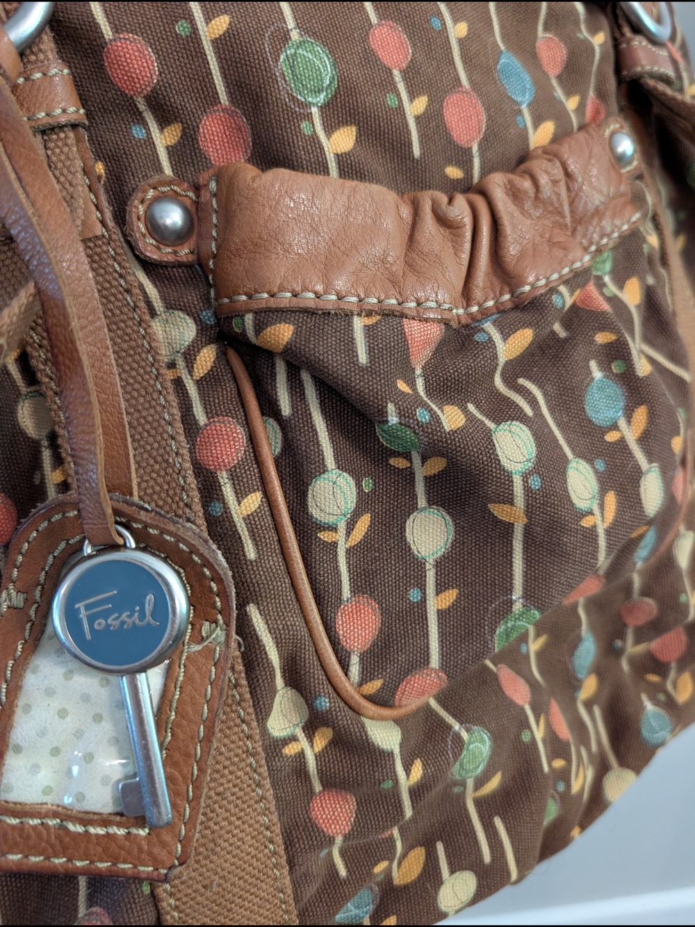 Fossil Brown Patterned Canvas Tote with Leather Trim - Picture 3 of 10